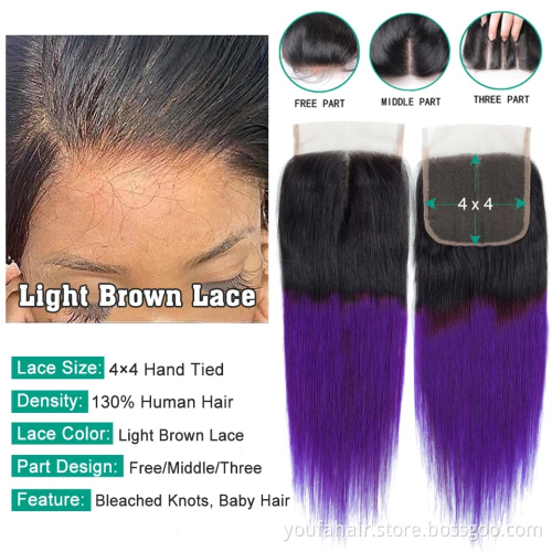 Virgin Brazilian Human Straight Hair Ombre Two Tone Pre Plucked 4x4 1b 27 Transparent Swiss Lace Closure with Baby Hair Bundles